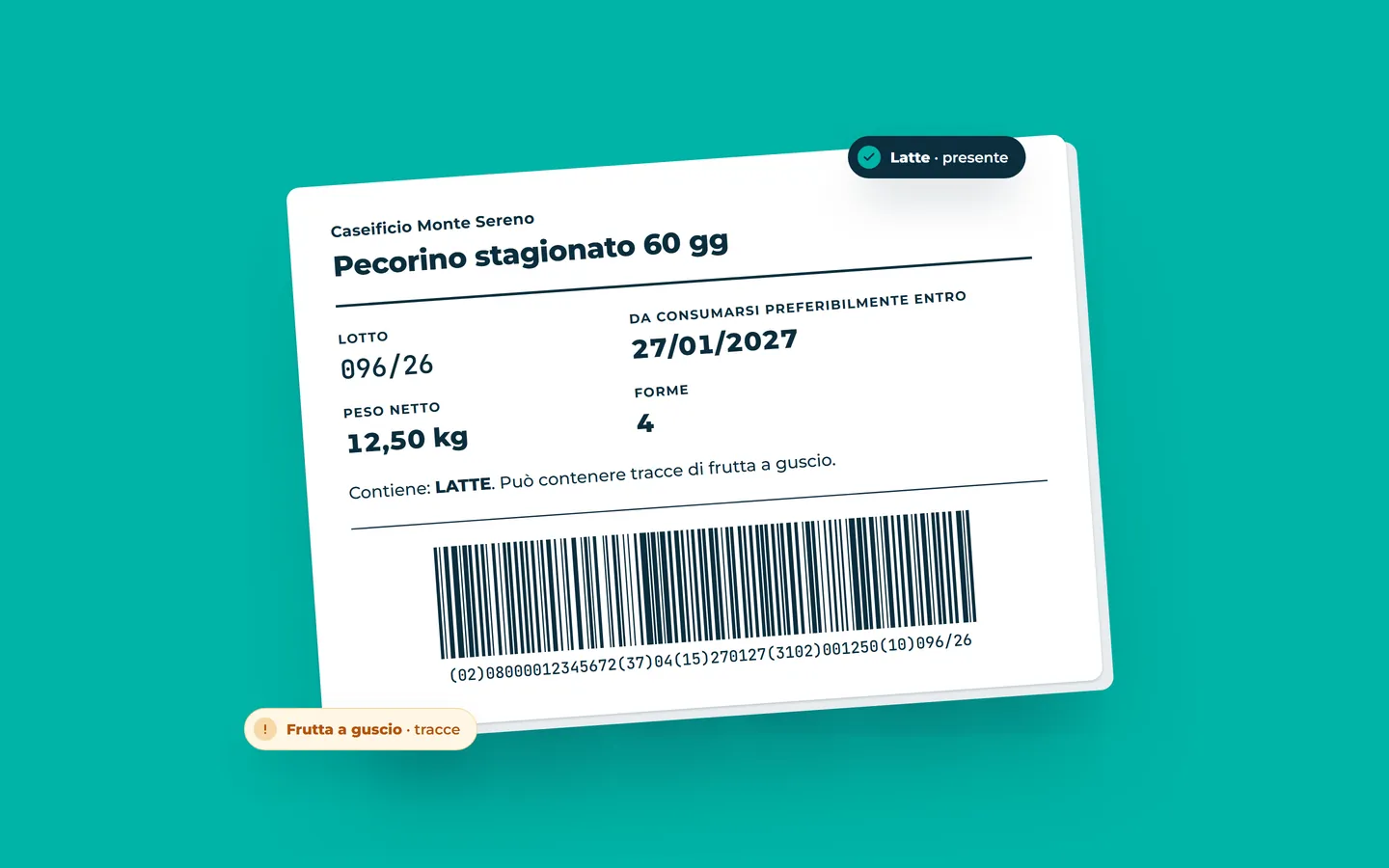 Esempio illustrativo di un’etichetta logistica GS1-128 per un collo di pecorino stagionato: lotto, data di consumo preferibile, peso netto, numero di forme, allergeni e il codice a barre con GTIN, quantità, data, peso e lotto. Azienda e dati sono inventati.